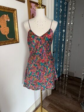 Vintage Y2K Silk Floral Slip Dress with Bright Multicolor Print